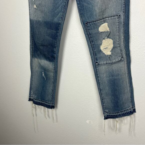 AMO | Babe Jeans in Keepsake Blue Patch Distressed Raw Hem Cropped Grunge 30 - Picture 6 of 11